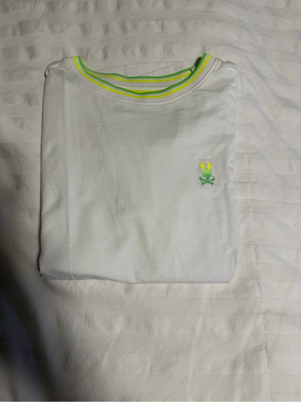 Psycho Bunny White Tee with Neon Lime Trim and Bunny Logo